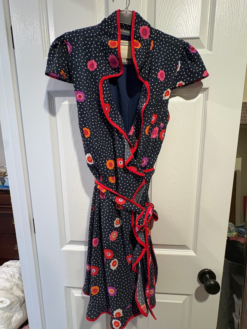 ModCloth Navy Wrap Dress with White Polka Dot, Red Trim